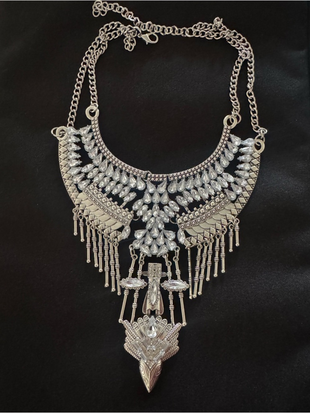 Silver Crystal Fringe Statement Necklace - Women Jewelry - Picture 3 of 13